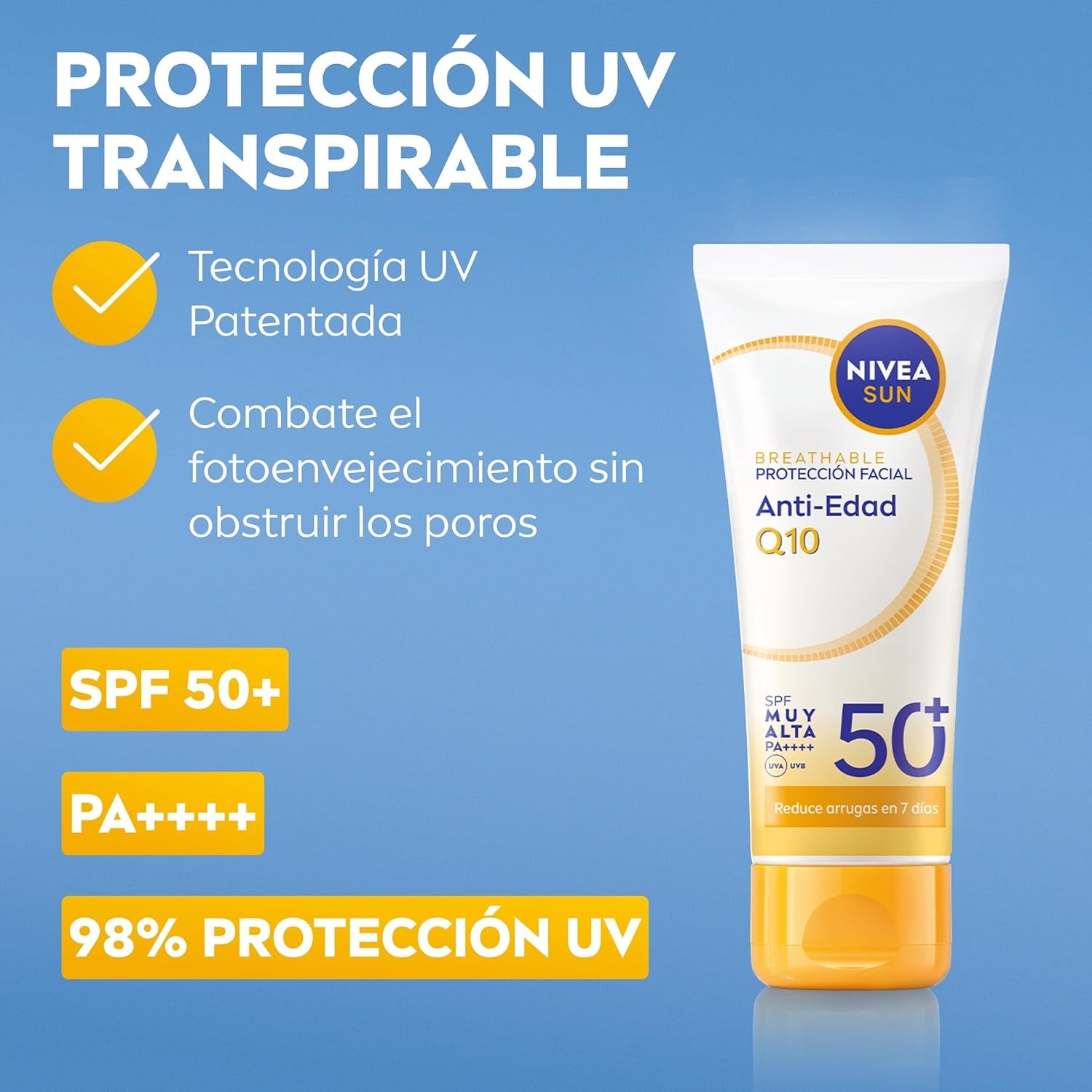 NIVEA SUN Q10 Protección Facial Antiedad SPF50+ Transpirable - Crema Solar Facial UV - Reduce Arrugas En 7 Días - Q10, Péptidos De Colágeno, Licocalcón a - 0% Sensación Grasa - Piel Madura - 40 Ml