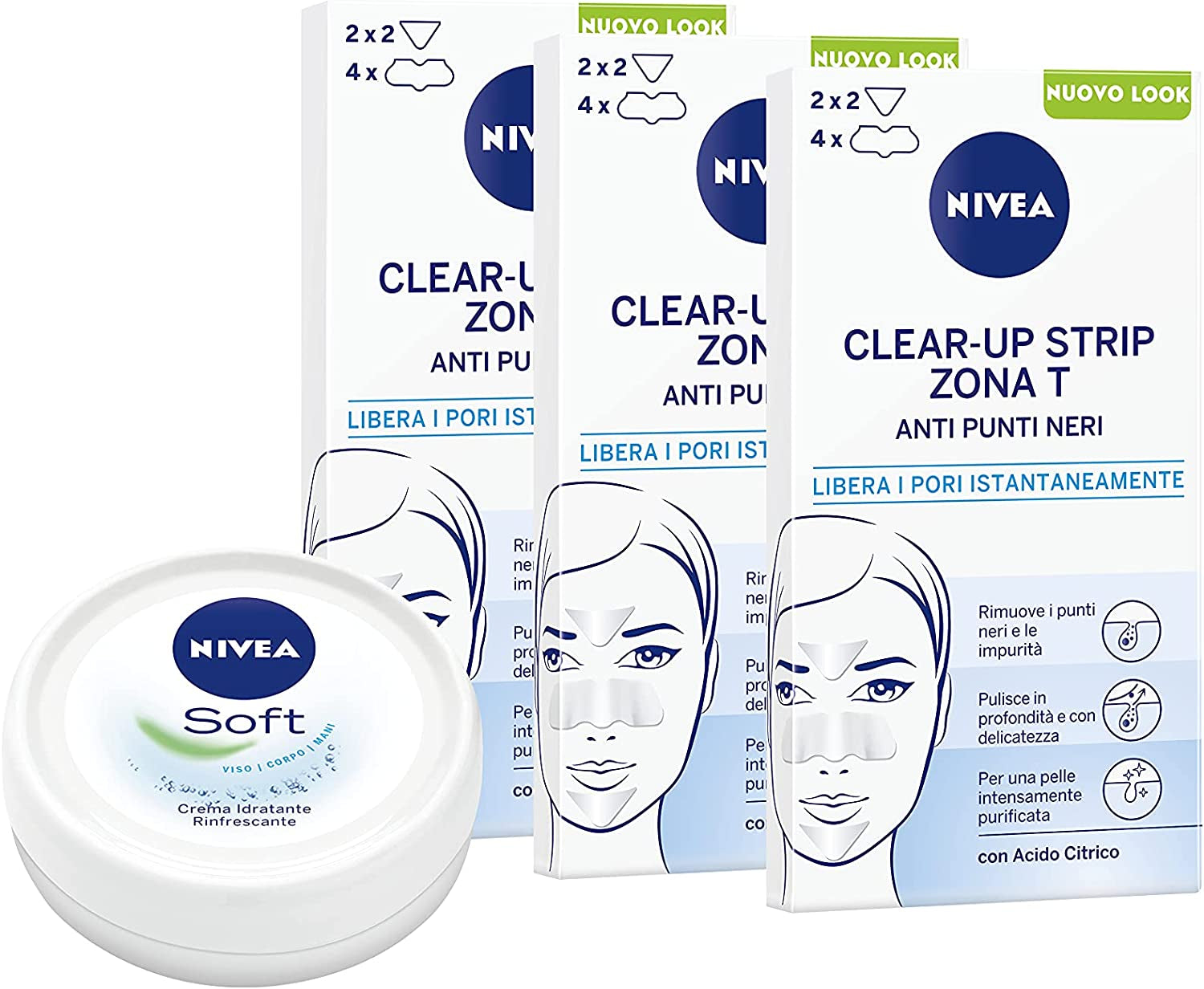 NIVEA Clear-Up Strips Zona T Tiritas De Puntos Negros, Paquete De 3 X 6 Unidades, Parches De Limpieza Facial Y Nivea Soft Mini Crema Facial, Cuerpo Y Manos 25 G